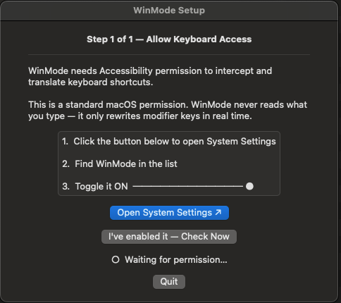 WinMode setup screen explaining Accessibility permission and showing the Open System Settings button.