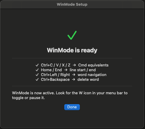 WinMode ready screen listing active keyboard mappings such as Ctrl+C to Command equivalents.