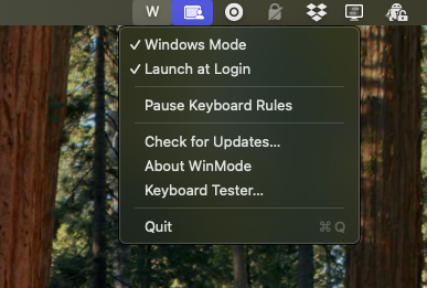 WinMode menu opened from the macOS menu bar with Windows Mode and Launch at Login enabled.